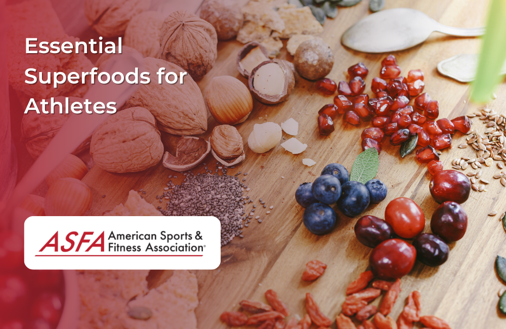 A variety of nutrient-rich foods including nuts, seeds, berries, and pomegranate displayed on a wooden surface.