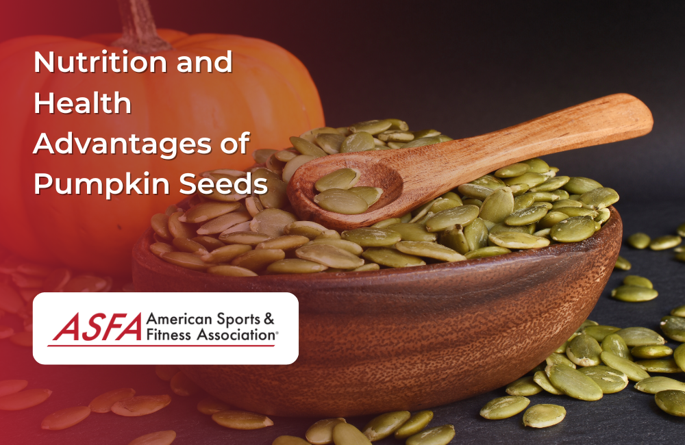 A wooden bowl filled with pumpkin seeds and a wooden spoon sits in front of a pumpkin.