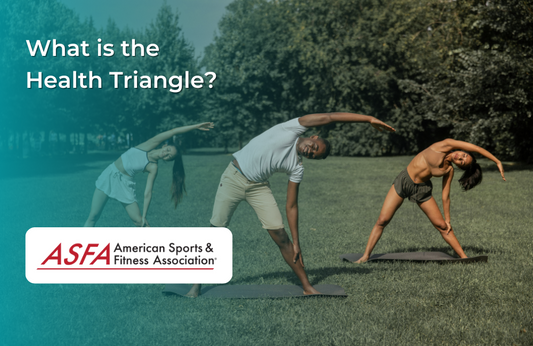 Three people stretching outdoors on yoga mats, representing the health triangle.