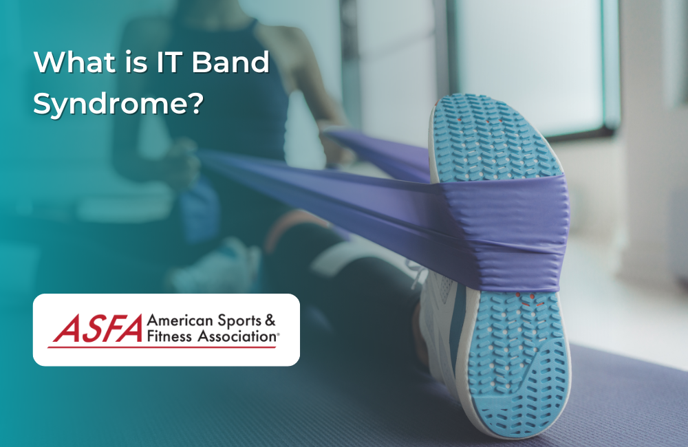 A lady with blue shoes using resistance band to stretch.