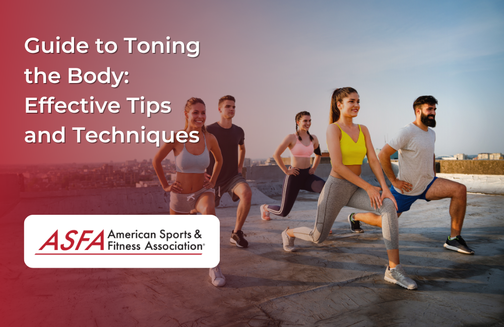 A group of five people in workout clothes perform lunges together on a rooftop with a city view in the background.