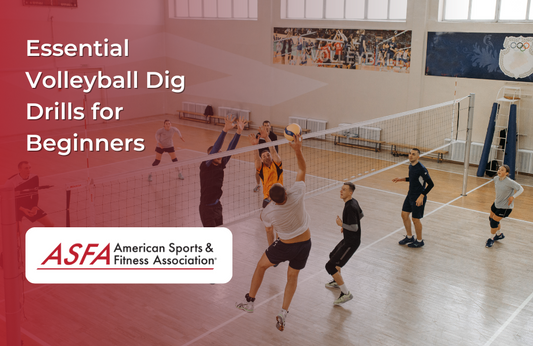 Several players on a gym volleyball court engaged in a drill as one player jumps to spike or block near the net.