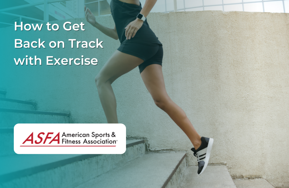 A woman in athletic gear runs up a flight of concrete stairs, representing the effort to return to a consistent fitness routine.