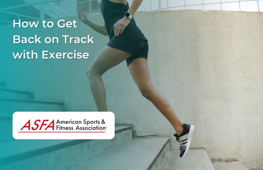 A woman in athletic gear runs up a flight of concrete stairs, representing the effort to return to a consistent fitness routine.