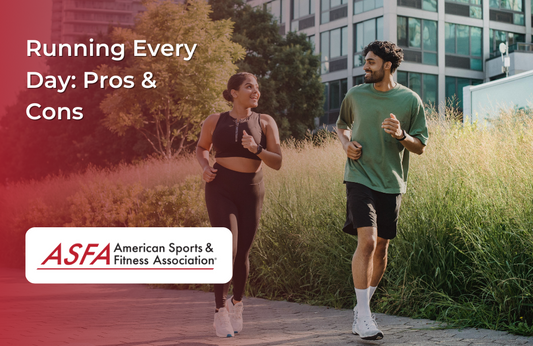 A man and woman jogging outdoors on a sunny day with a cityscape in the background.