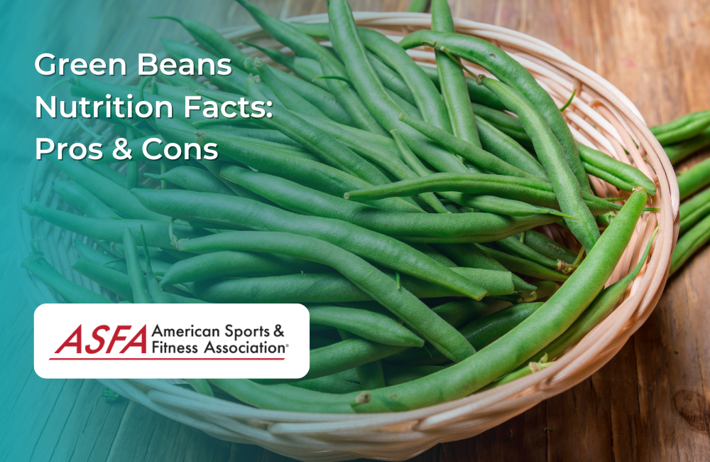 A basket of fresh green beans, arranged on a wooden surface with a natural backdrop.