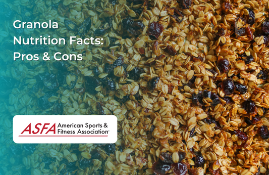 A close-up of crispy granola with dried fruits scattered throughout.
