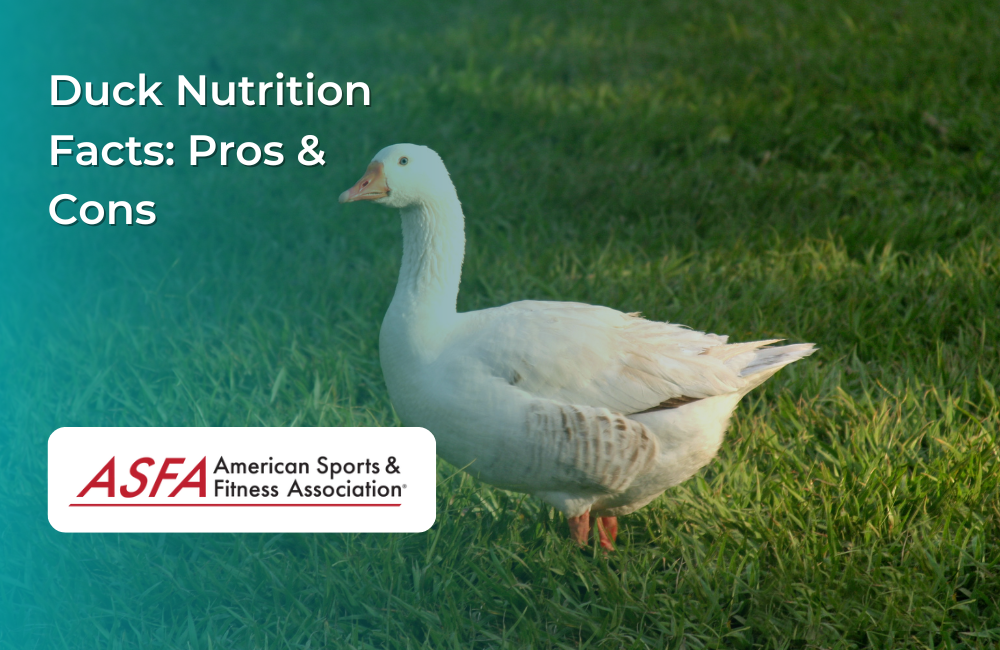 A white duck standing on a grassy field.
