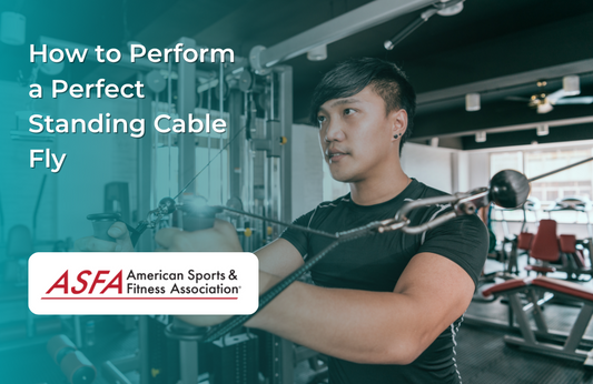 A young man performing a standing cable fly exercise in a gym.