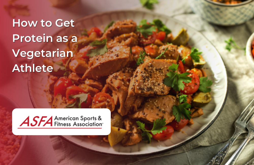 A hearty vegetarian meal with vegetables and plant-based protein sits on a table, illustrating dietary options for athletes avoiding meat.