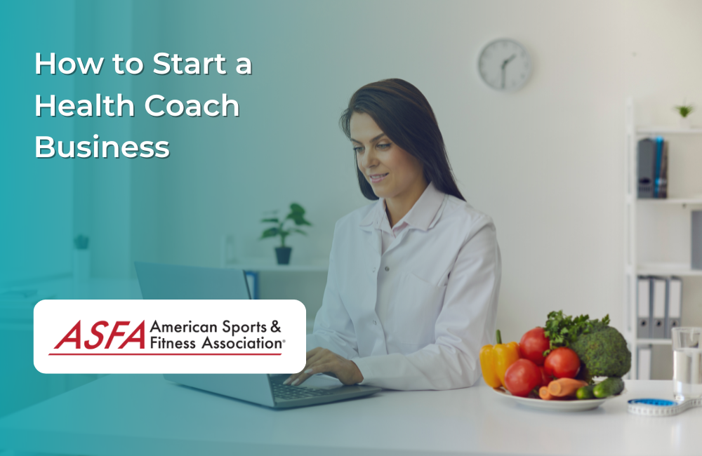 A woman in a white coat types on a laptop at a desk with fresh fruits and vegetables, symbolizing a professional health coaching setup.