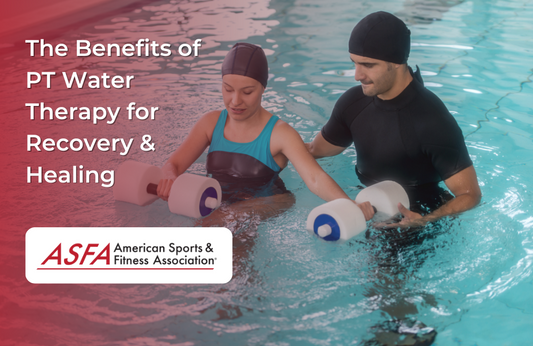 A trainer assists a woman in a pool as she holds aqua dumbbells during therapy.