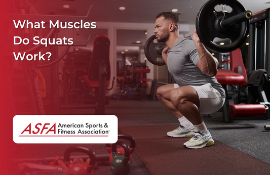 Man in light colored athletic clothes squatting weights in a gym..