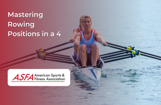 Team of rowers in a sculling boat on a calm body of water during a race.