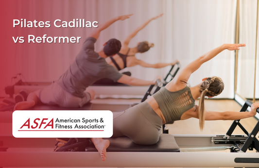 Two people perform side stretches on Pilates reformer machines in a bright studio. 