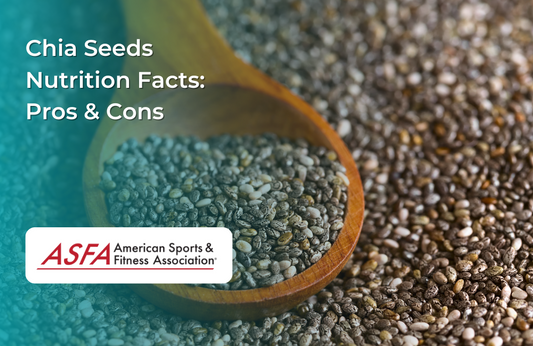 A wooden spoon filled with chia seeds, surrounded by scattered seeds.