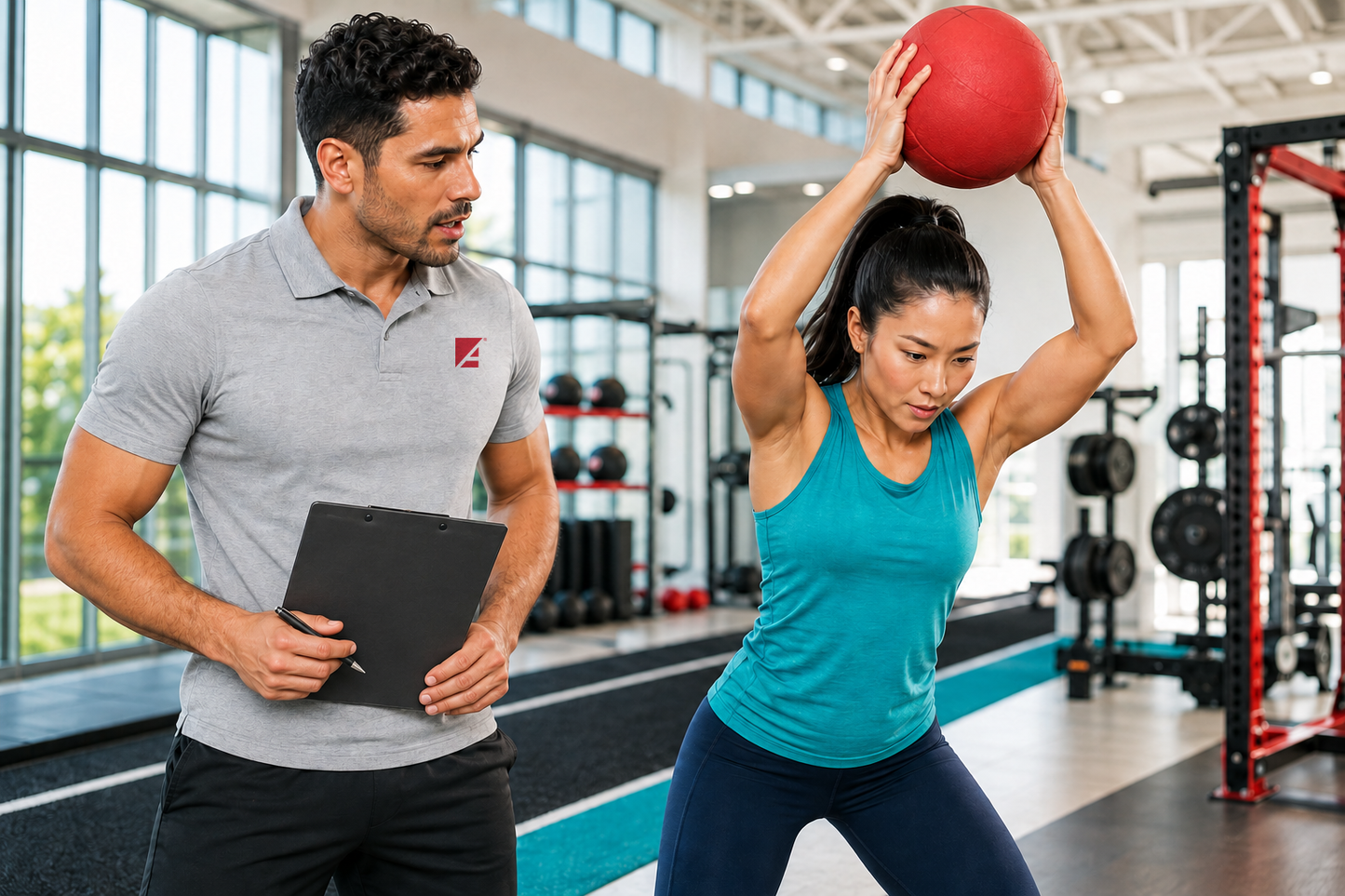 ASFA personal trainer evaluating a client’s overhead medicine-ball exercise in a bright gym