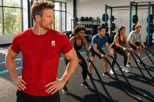 ASFA advanced group fitness instructor coaching an athletic bootcamp class through battle-rope intervals in a bright gym