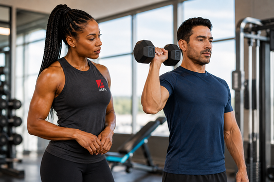 ASFA advanced personal trainer coaching an athletic client through a dumbbell shoulder press in a bright gym.