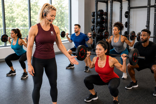 ASFA group fitness instructor in a maroon tank top and black leggings guides a group of people performing squats with barbells in a bright gym setting.