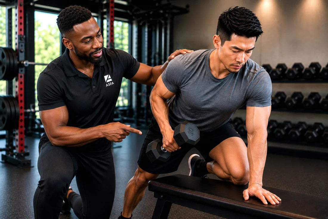 ASFA advanced personal trainer working with a client in a gym.