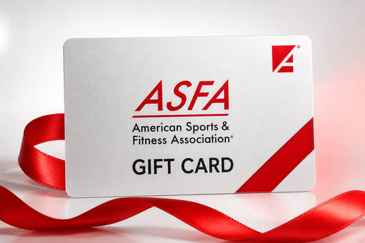 A white American Sports & Fitness Association gift card with red and black text, featuring a red ribbon loop and a red diagonal stripe, photographed on a light gray background.