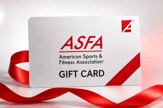 A white American Sports & Fitness Association gift card with red and black text, featuring a red ribbon loop and a red diagonal stripe, photographed on a light gray background.