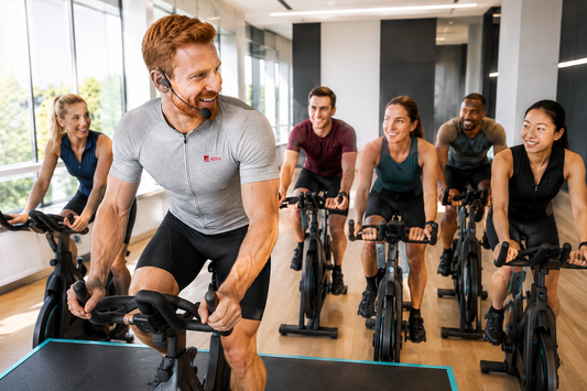 ASFA advanced cycling instructor leading an energetic indoor cycling class in a bright premium studio