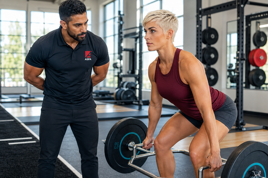 ASFA advanced strength and conditioning coach evaluating an athlete’s trap-bar deadlift form in a performance gym