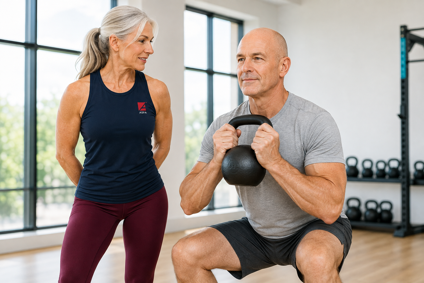 ASFA advanced senior fitness instructor coaching an active older client through a kettlebell goblet squat
