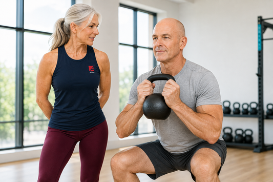 ASFA advanced senior fitness instructor coaching an active older client through a kettlebell goblet squat