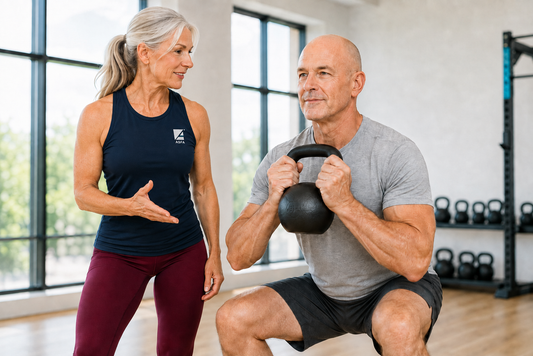 ASFA advanced senior fitness instructor coaching an active older client through a kettlebell goblet squat