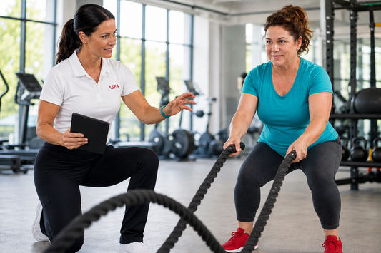 ASFA advanced weight loss coach guiding an athletic client through a batt rope workout in a bright gym