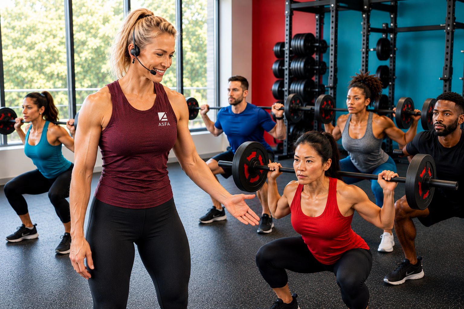 ASFA advanced group fitness instructor leading a group fitness/bootcamp class with a squat demonstration.