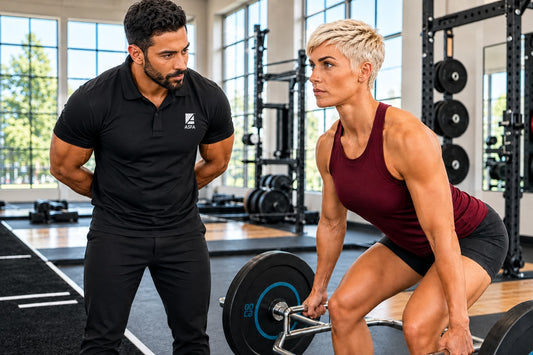 ASFA advanced strength and conditioning coach evaluating an athlete’s trap-bar deadlift form in a performance gym