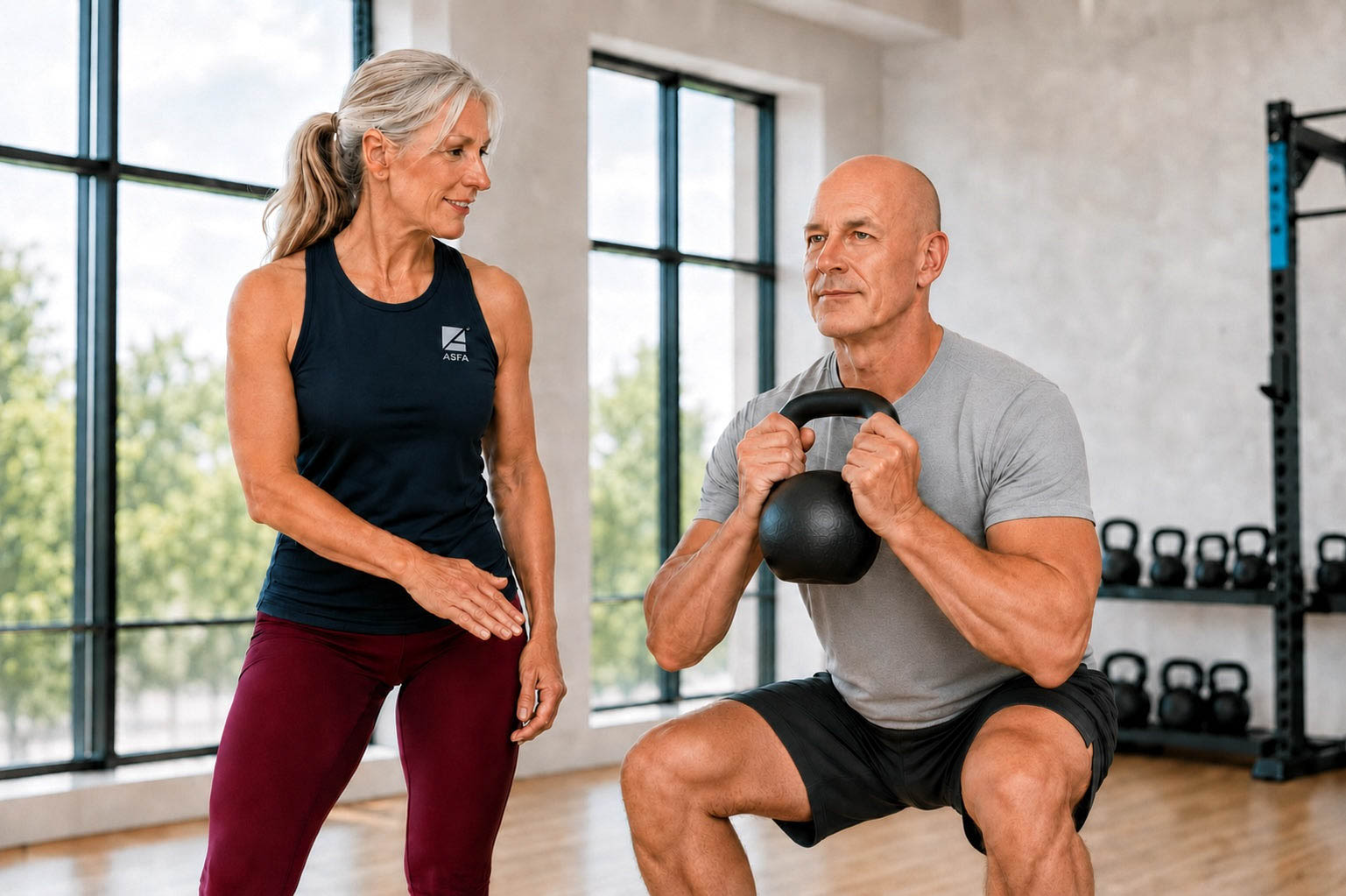 ASFA senior fitness instructor in a black tank top and burgundy leggings stands beside a man performing a kettlebell squat in a bright gym with large windows and weight racks.