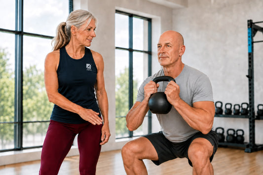 ASFA senior fitness instructor in a black tank top and burgundy leggings stands beside a man performing a kettlebell squat in a bright gym with large windows and weight racks.