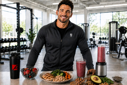 ASFA advanced sports nutritionist in a black zip-up athletic jacket stands in a bright gym setting behind a counter with a shaker bottle, fruit, a smoothie, a plate of food, and a blender. The jacket has a small white square logo on the left chest.