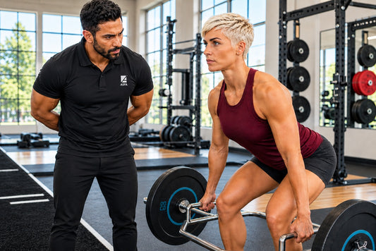 ASFA advanced strength and conditioning coach evaluating an athlete’s trap-bar deadlift form in a performance gym
