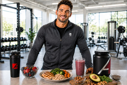 ASFA sports nutrition coach in a gym setting wearing a gray zip-up jacket, standing behind a table with a shaker bottle, smoothie, plate of food and a protein powder tub.