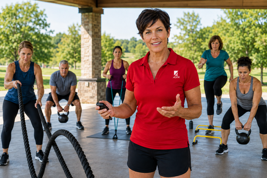 An ASFA advanced group fitness instructor is working out under a covered pavilion outdoors. In the foreground, a smiling woman in a red polo shirt with a white ASFA logo on the chest stands facing forward, holding a small black device.