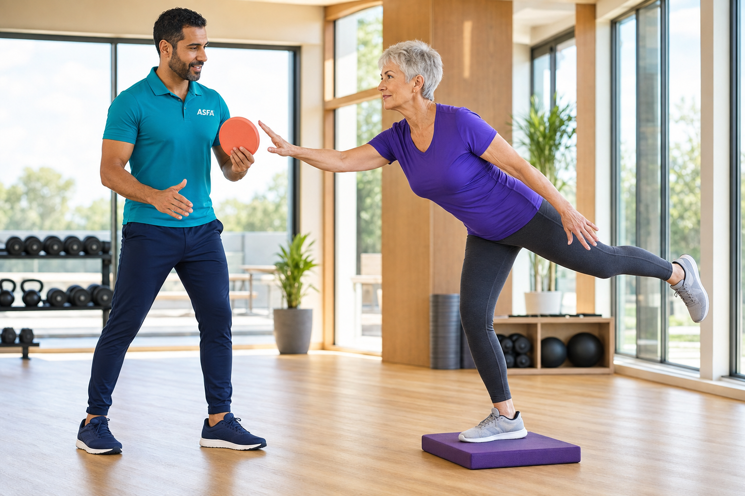 ASFA Balance and Stability Instructor guides an older adult through a single-leg reach on a foam balance pad
