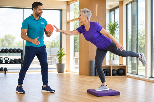 ASFA Balance and Stability Instructor guides an older adult through a single-leg reach on a foam balance pad