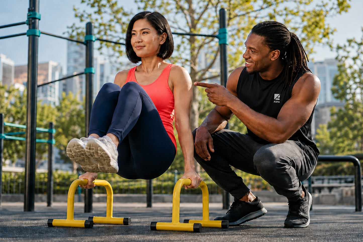 ASFA Calisthenics and Bodyweight Trainer coaches a client performing a tuck L-sit on outdoor parallettes.