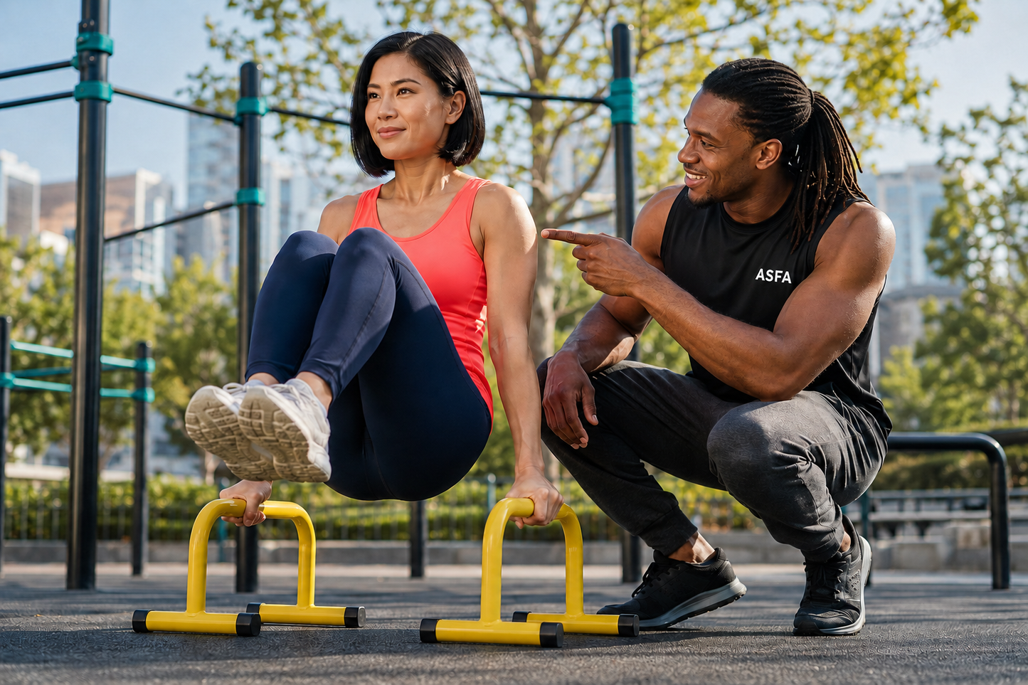 ASFA Calisthenics and Bodyweight Trainer coaches a client performing a tuck L-sit on outdoor parallettes