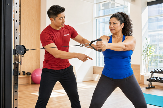 An ASFA fitness trainer in a red shirt guides a woman in a blue tank top and black leggings as she exercises with a cable machine in a bright gym