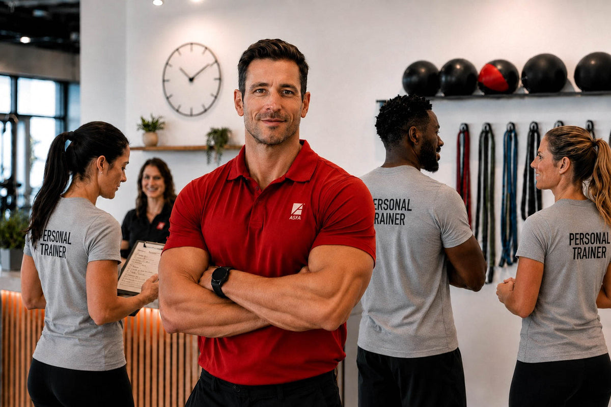 A fitness manager in a red polo shirt with an ASFA logo stands in the center with arms crossed, surrounded by four other personal trainers wearing gray t-shirts with 'PERSONAL TRAINER' printed on the back, in a bright gym setting.
