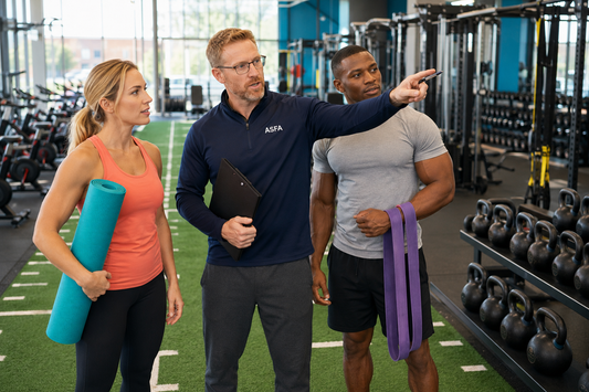 ASFA fitness manager in a gym setting, with a fitness coach in a navy ASFA pullover pointing toward equipment while a woman holds a teal yoga mat and a man holds a purple resistance band.