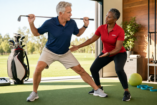An older man in a navy polo and khaki shorts performs a golf swing exercise on an indoor golf simulator, guided by an ASFA fitness instructor in a red polo and black leggings. A golf bag, green turf, and indoor sports equipment are visible in the background