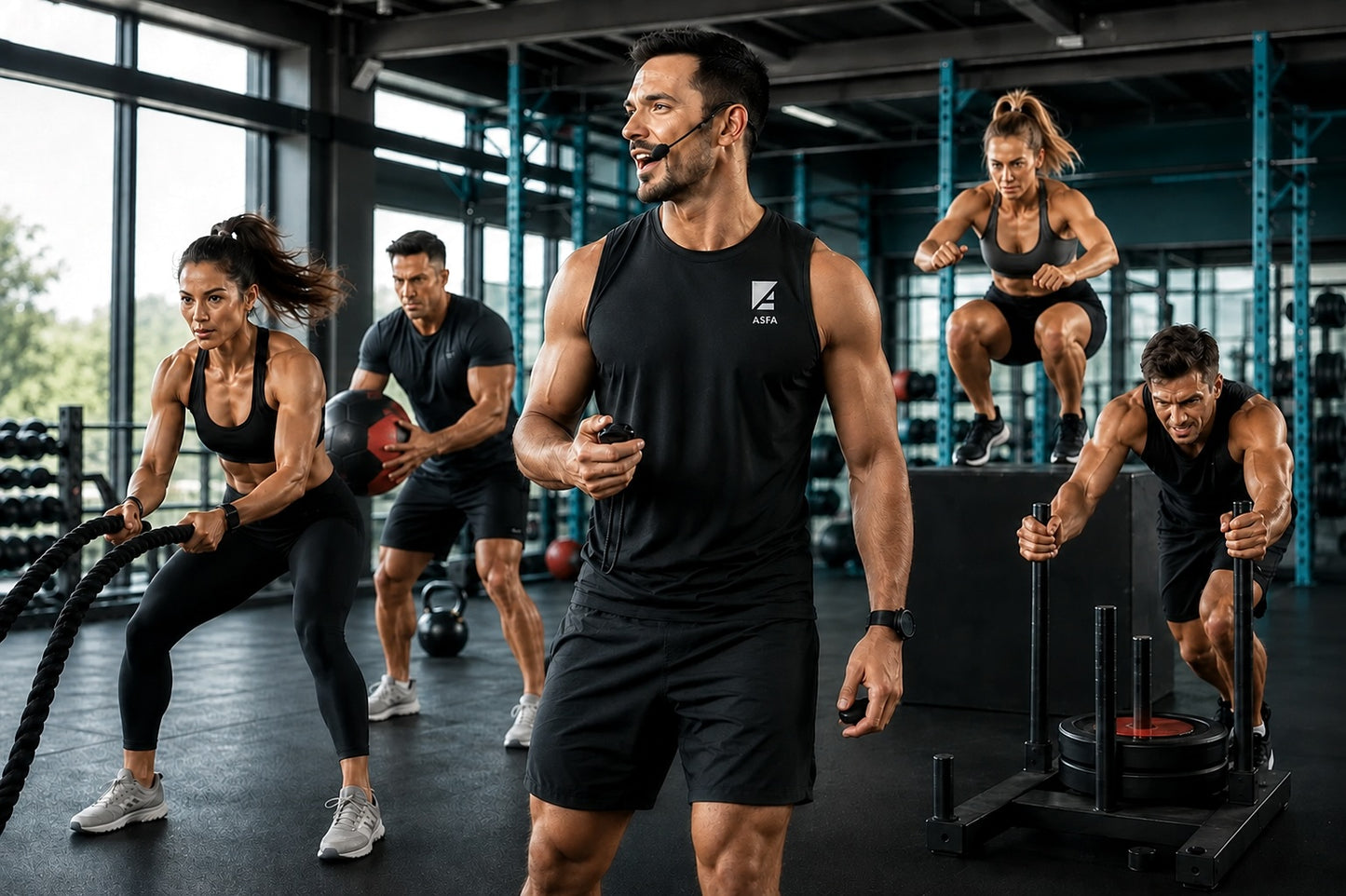 An ASFA HIIT instructor in a black sleeveless ASFA top and black shorts leads a group of people in a modern gym during a workout session.
